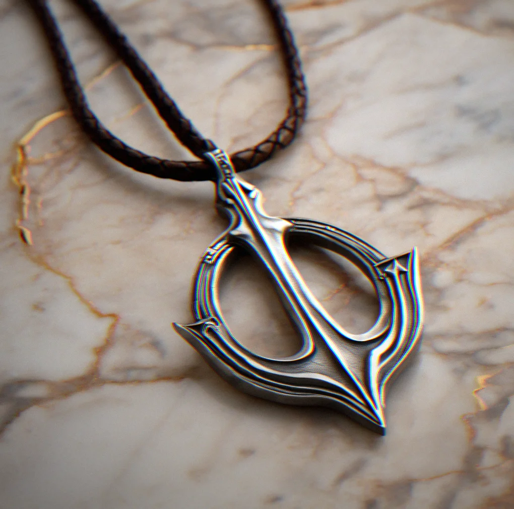 Poseidon's trident pendant in oxidized silver, hanging from a leather cord on a marble background