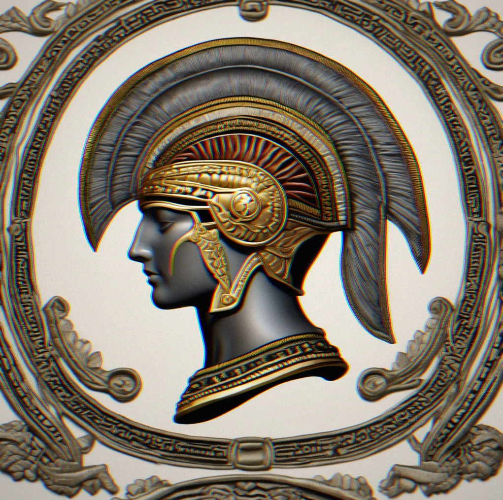 Charcoal wool pullover with an embroidered Athena helmet and classical meander border