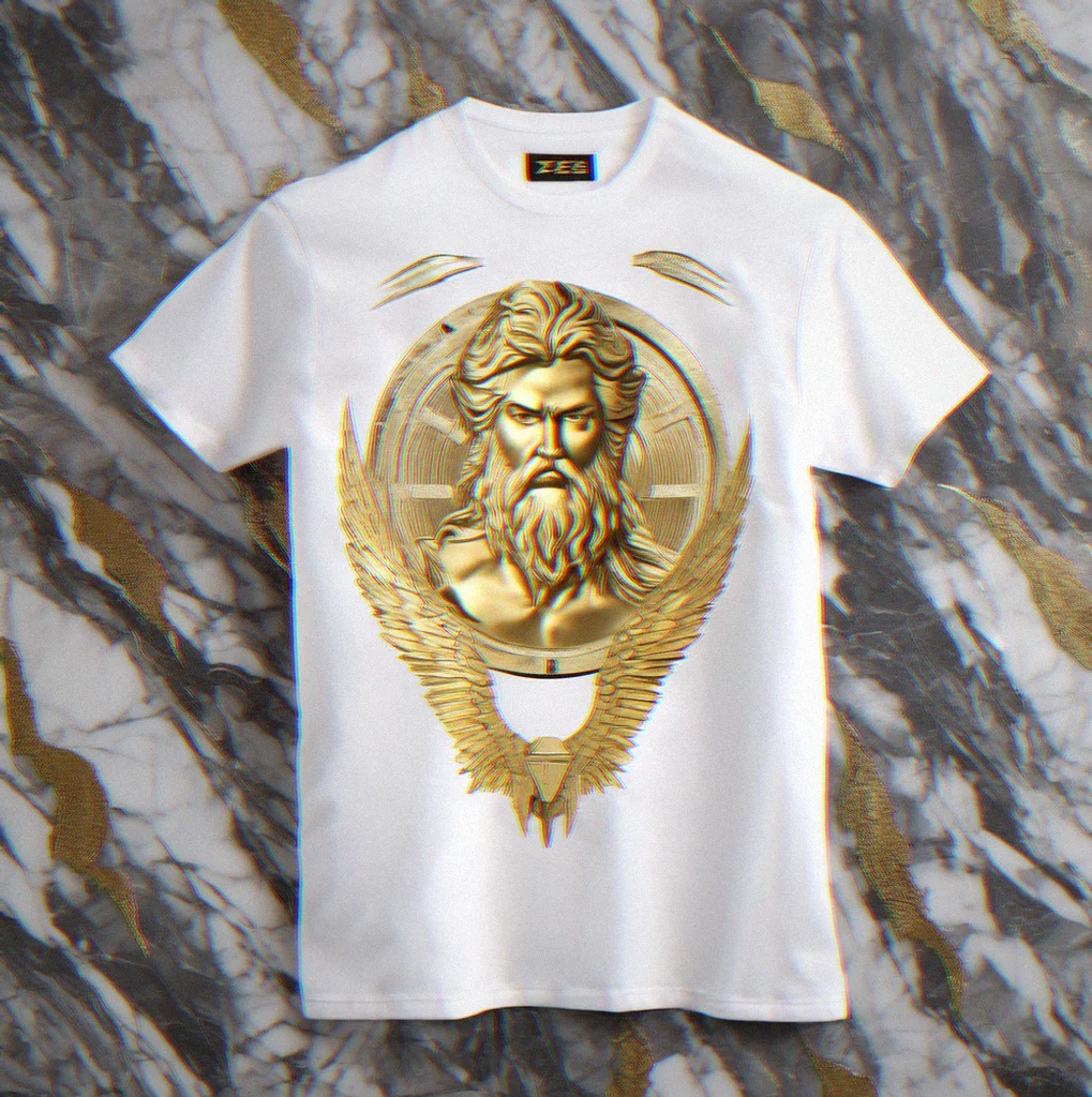Cotton crew neck tee with a Zeus thunderbolt design printed in metallic gold