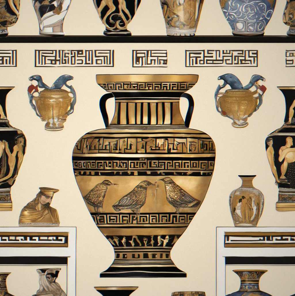 Ceramic vessel hand-painted with Olympian figures and Greek key patterns