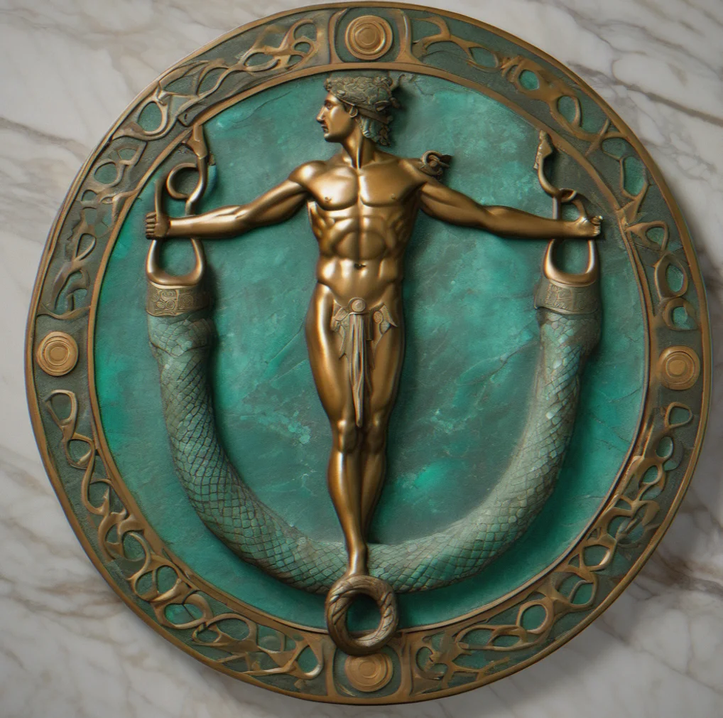 Bronze wall plaque showing Hermes' caduceus with wrapped serpents and verdigris patina