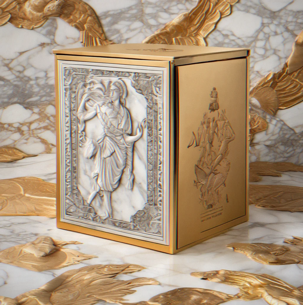 Limited edition collector's box featuring hand-rendered mythological scenes and embossed spine