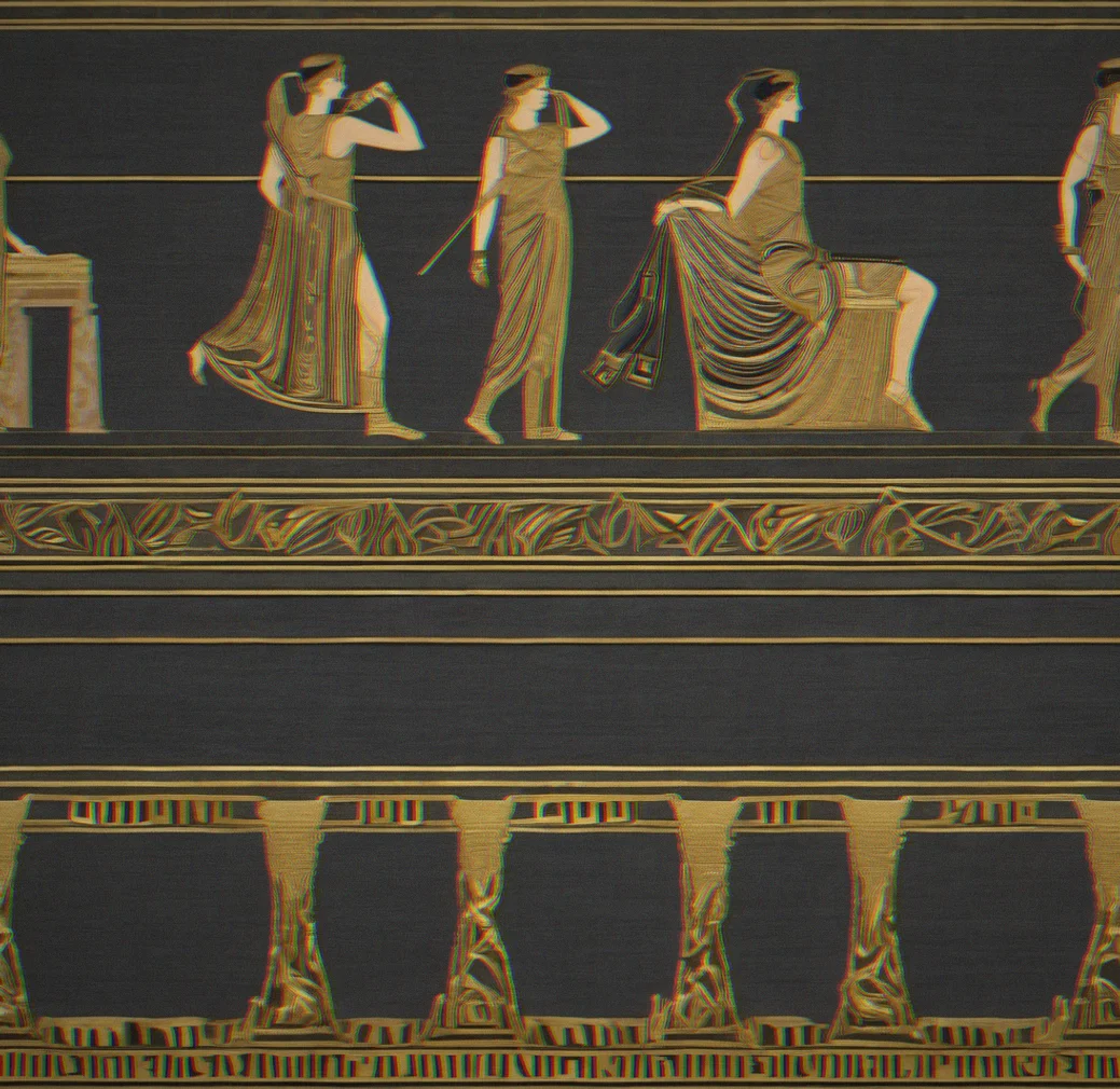 Athena's profile embroidered in gold thread on charcoal linen with a classical meander pattren running along the edge