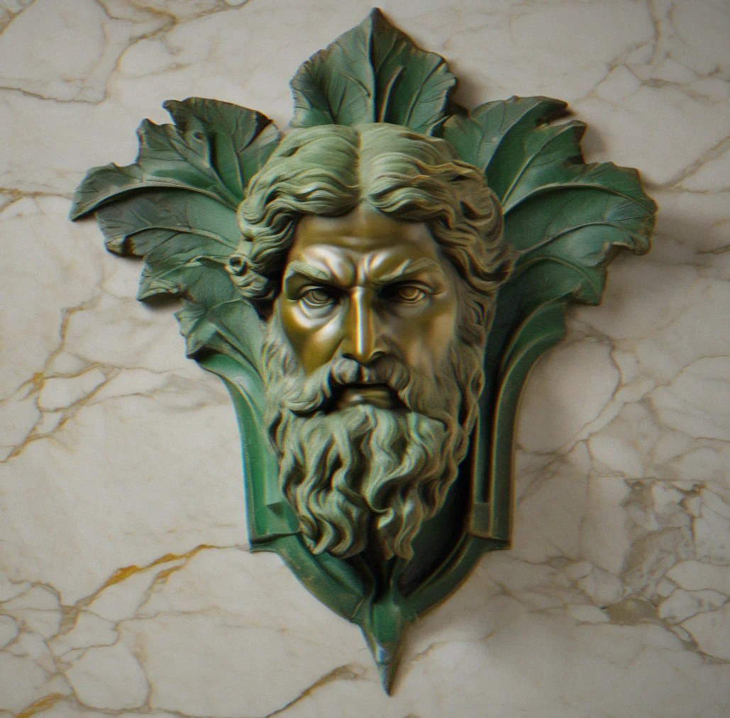 Bronze Zeus thunderbolt mounted on the wall, weathered to green with an architectural frieze base underneath