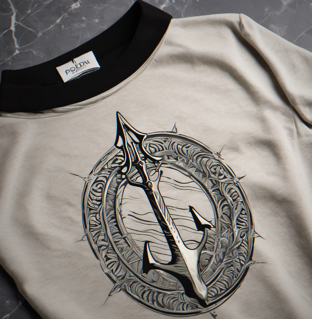 Poseidon's trident screen-printed across a quality cotton crew in metallic silver, surrounded by wave patterns