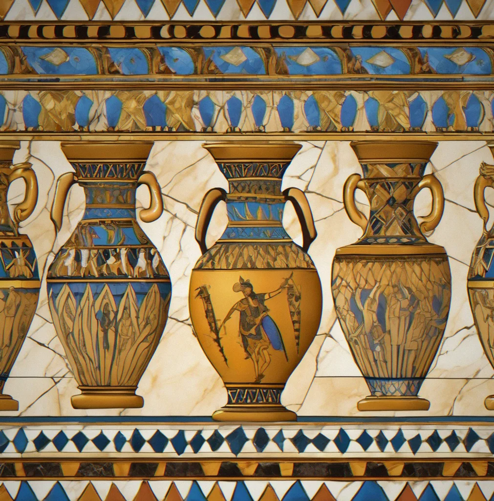 Ceramic amphora painted by hand. Mythological figures in procession with geometric borders still sharp and intact