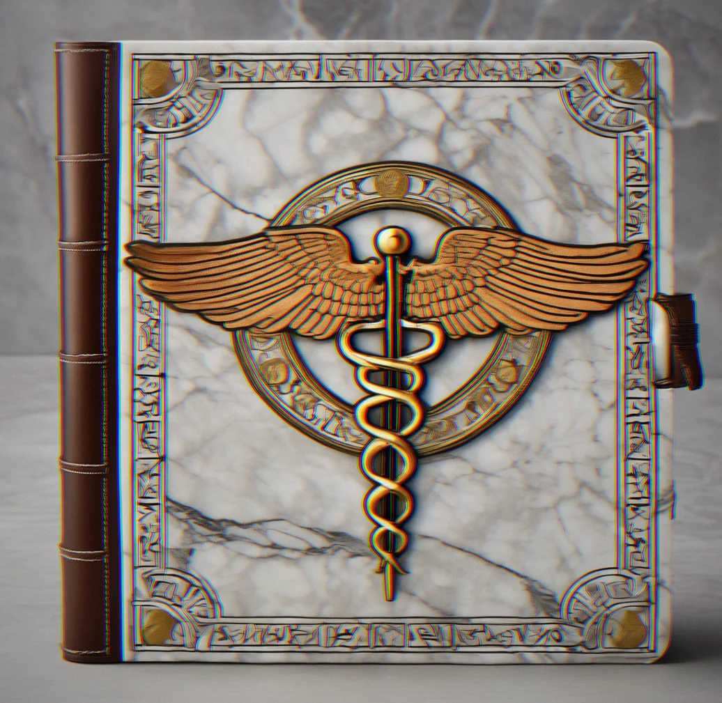 Leather journal with Hermes' caduceus embossed on the spine and marbled paper inside the covers