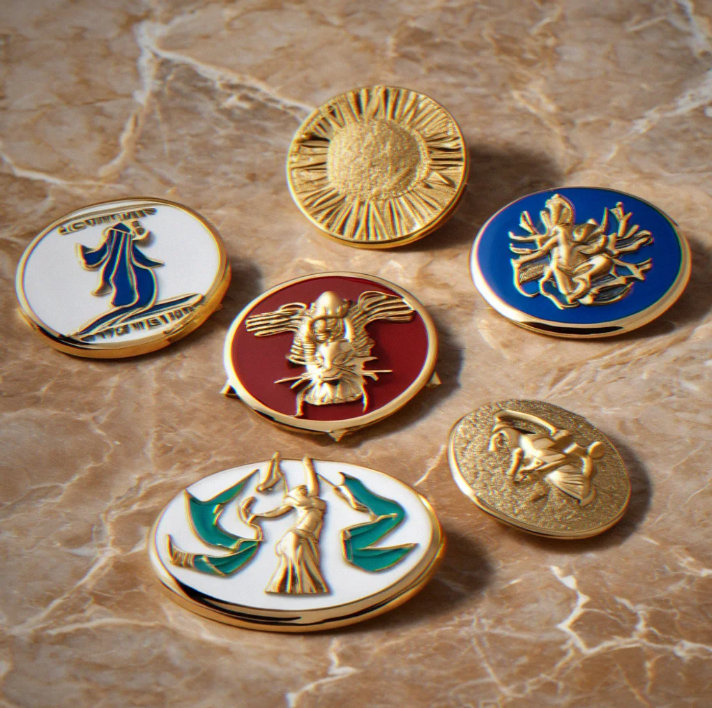 Four enamel pins, each one a different Olympian deity, backed in gold with a clutch to keep them together