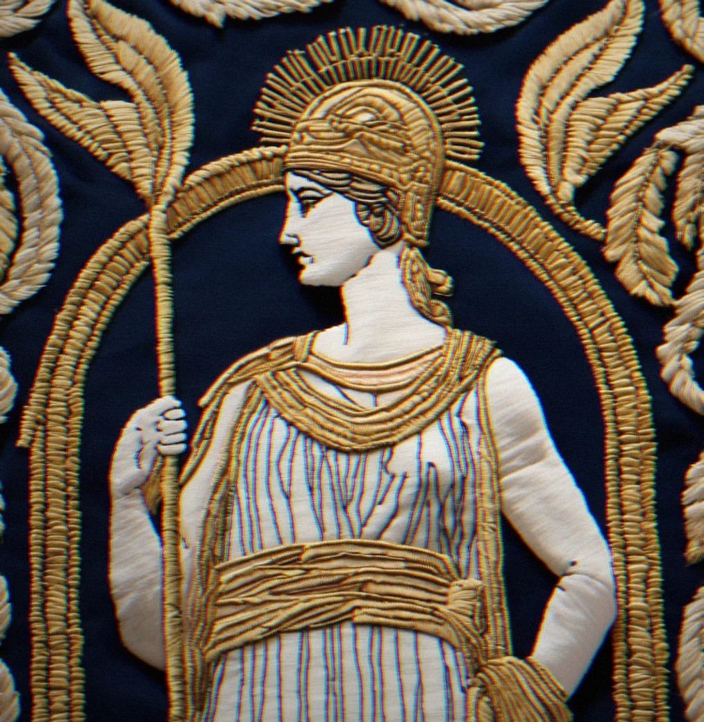 Close-up of hand-embroidered Athena figure with gold thread detail on navy cotton
