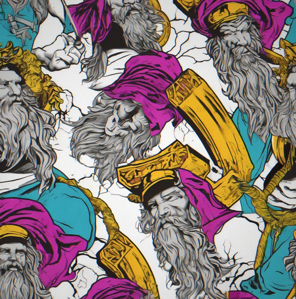 Multi-color screen-printed Zeus with liggtning bolt design on premium tee, wet ink cure