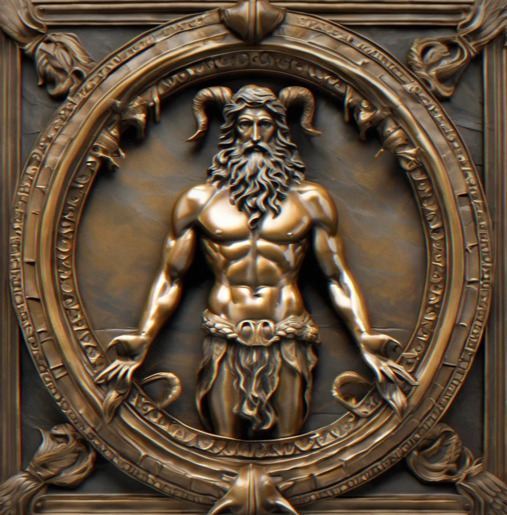 Cast bronze Poseidon trident wall hanging with patina fimish and classical architectural border