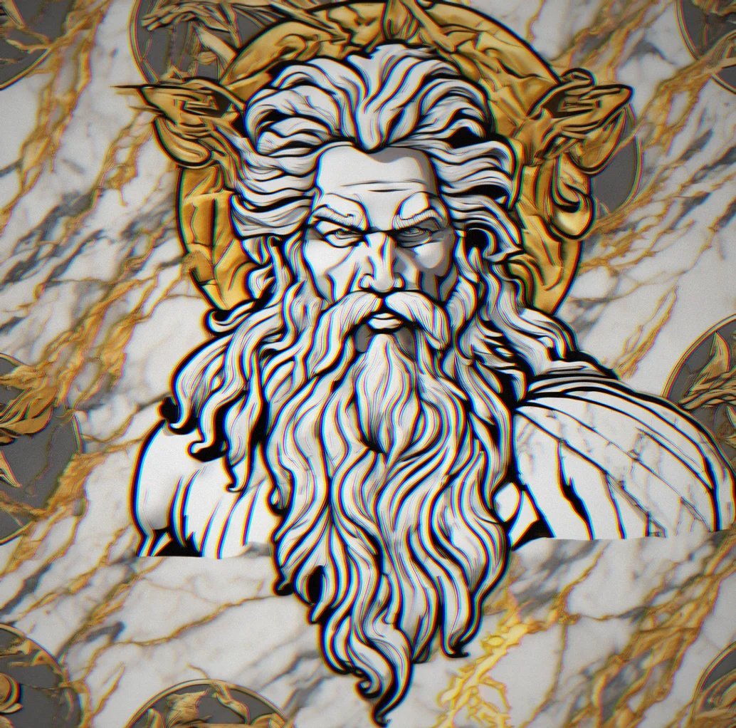 Hand-rendered Zeus with lightning bolt design on quality fabric