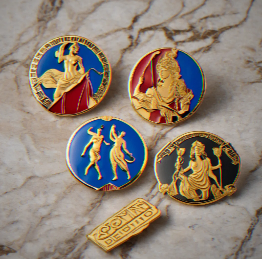 Set of four enamel pins showing different Olympian deities with gold backing