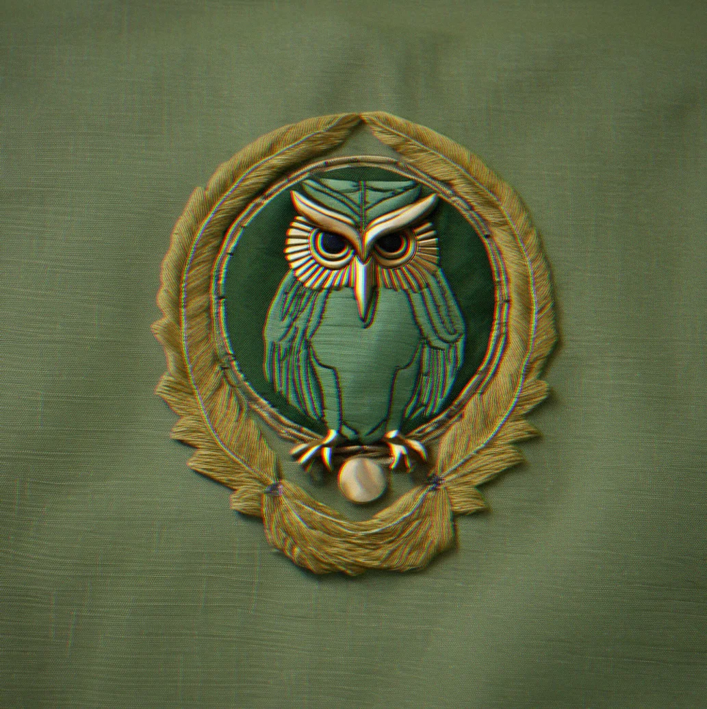 Sage green linen sjirt with a folded Athena wisdom emblem and hand-embroidered owl
