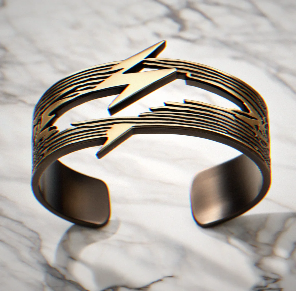 Brushed bronze cuff bracelet shaped like a Zeus lightning bolt with classical fret pattern