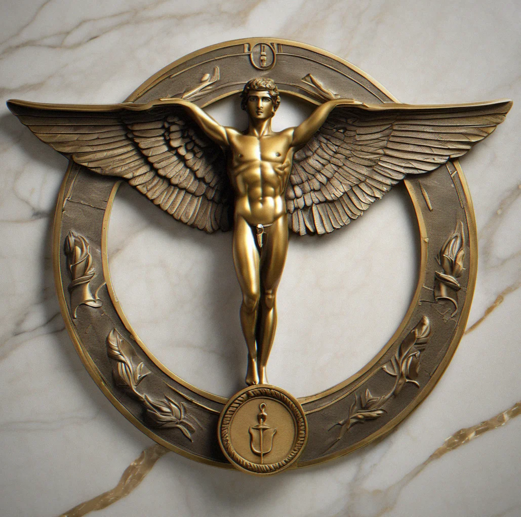 Hand-cast brass wall plaque showing the Hermes caduceus with a patinated finish
