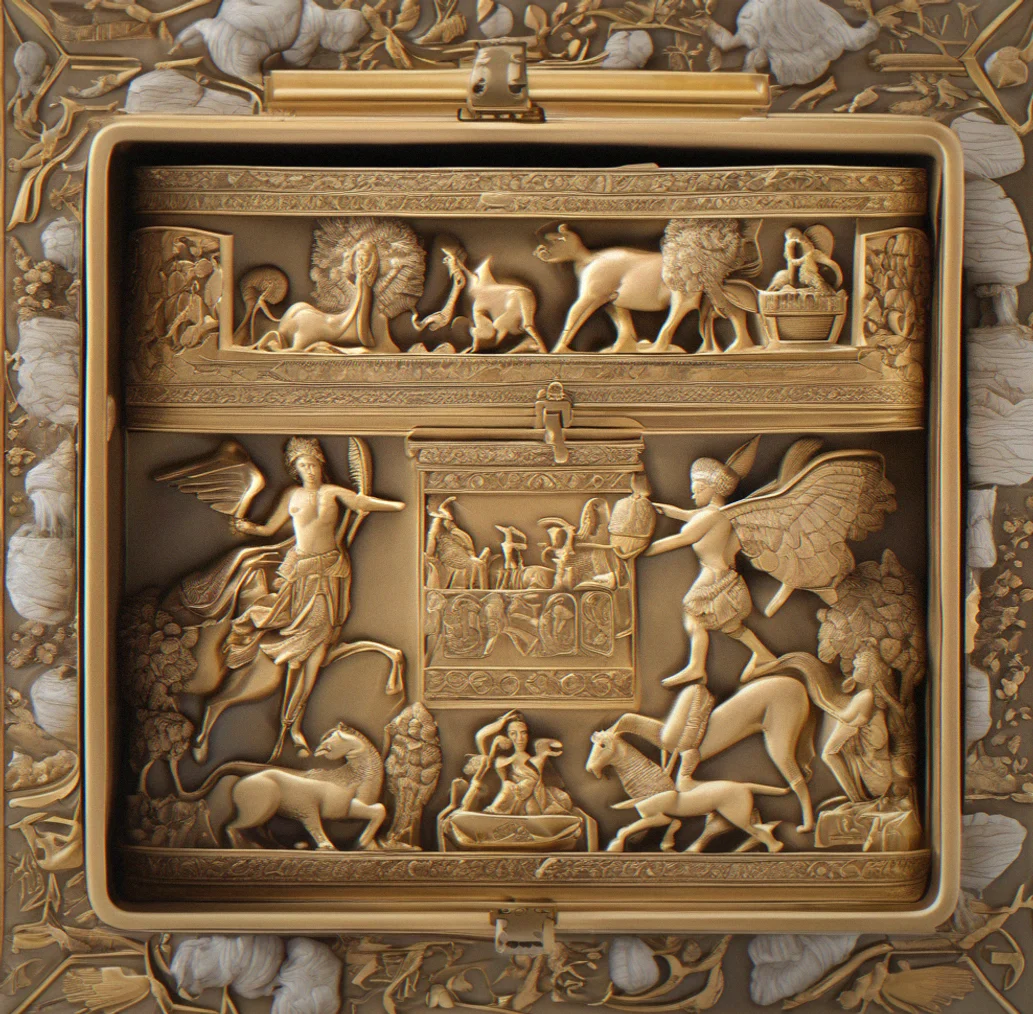 Storage box with embossed mythological scenes and a silk lining inside