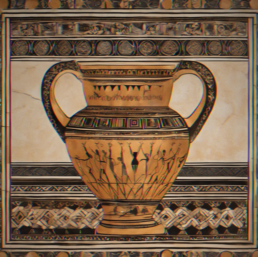 Ceramic vessel shaped like an amphora with hand-painted Olympians and geometric borders