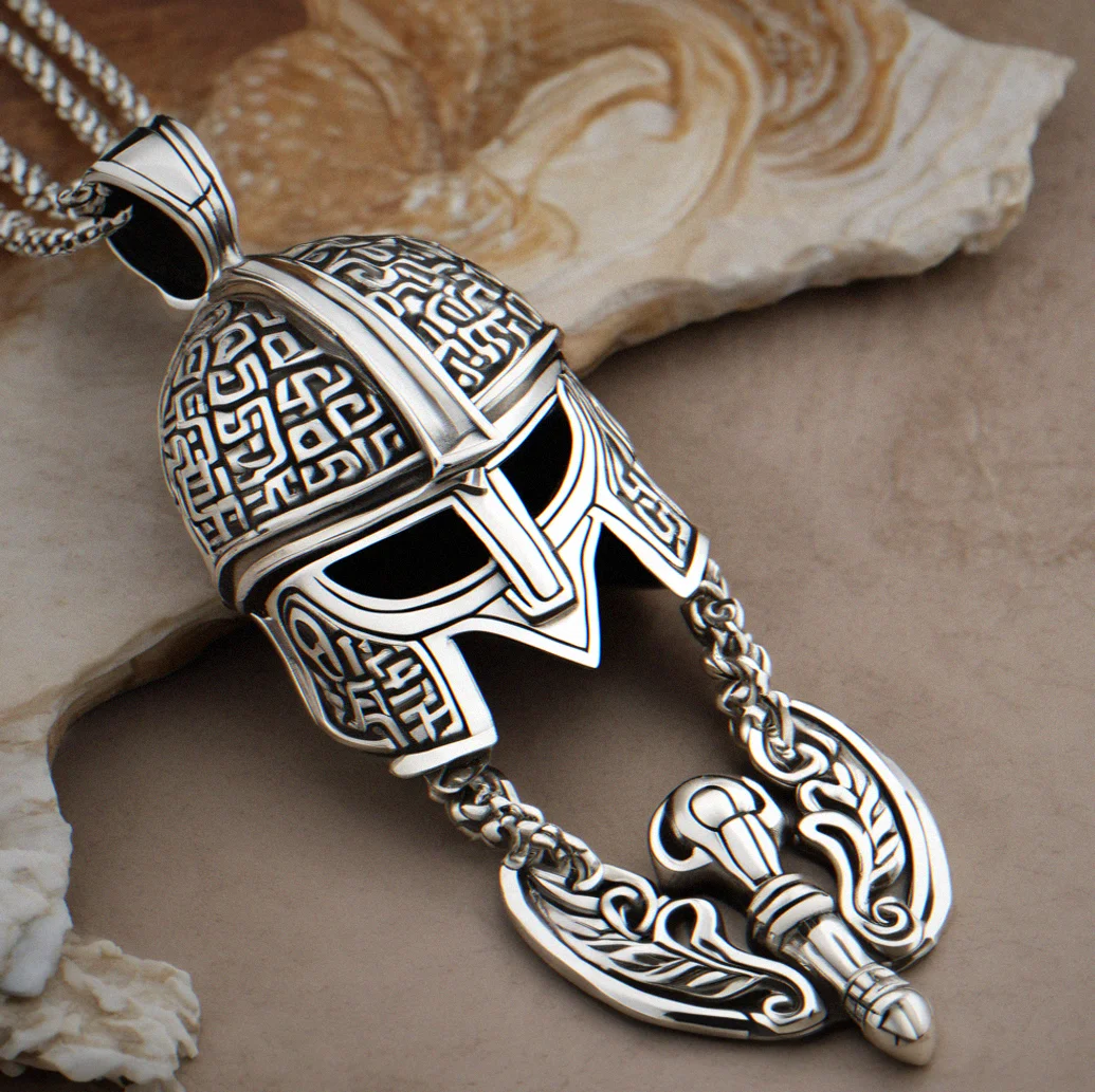 Sterling silver Athena helmet pendant on a classical meander chain