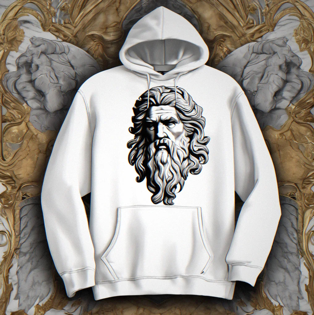 Oversized hoodie with a hand-rendered Zeus profile across the chest and down the sleeves